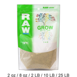 RAW Soluble Grow All-in-One provides a single blend of grow nutrients that can be dissolved in water for easy application during plant feeding.