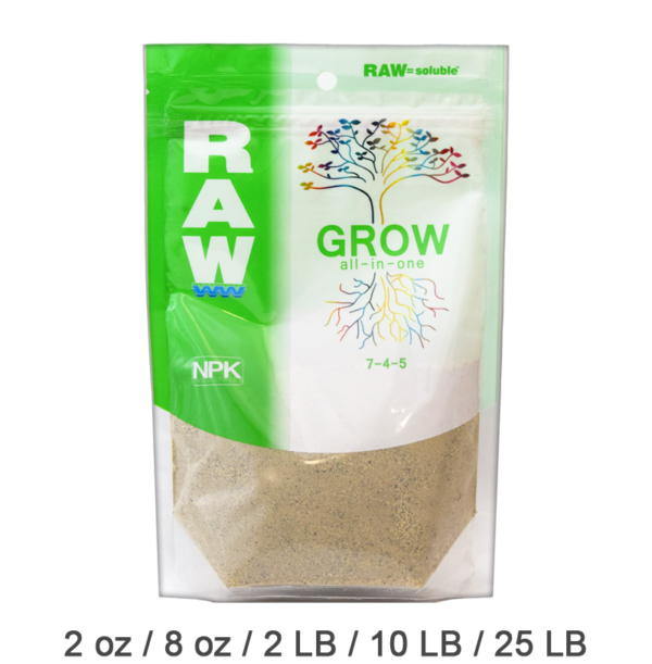 RAW Soluble Grow All-in-One provides a single blend of grow nutrients that can be dissolved in water for easy application during plant feeding.